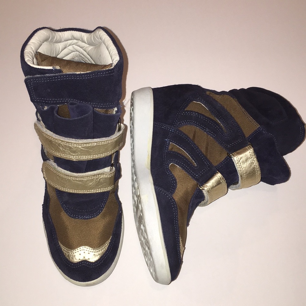 MONICA CORTE navy/gold suede wedge velcro hightops